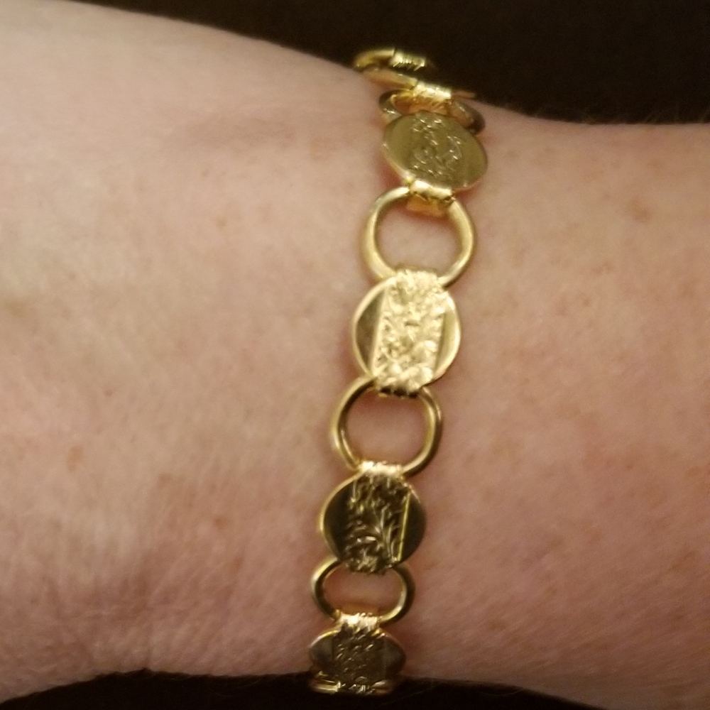 VINTAGE SARAH COVENTRY FLORAL ETCHED GOLDEN LINK BRACELET - 7.25" - Picture 5 of 7